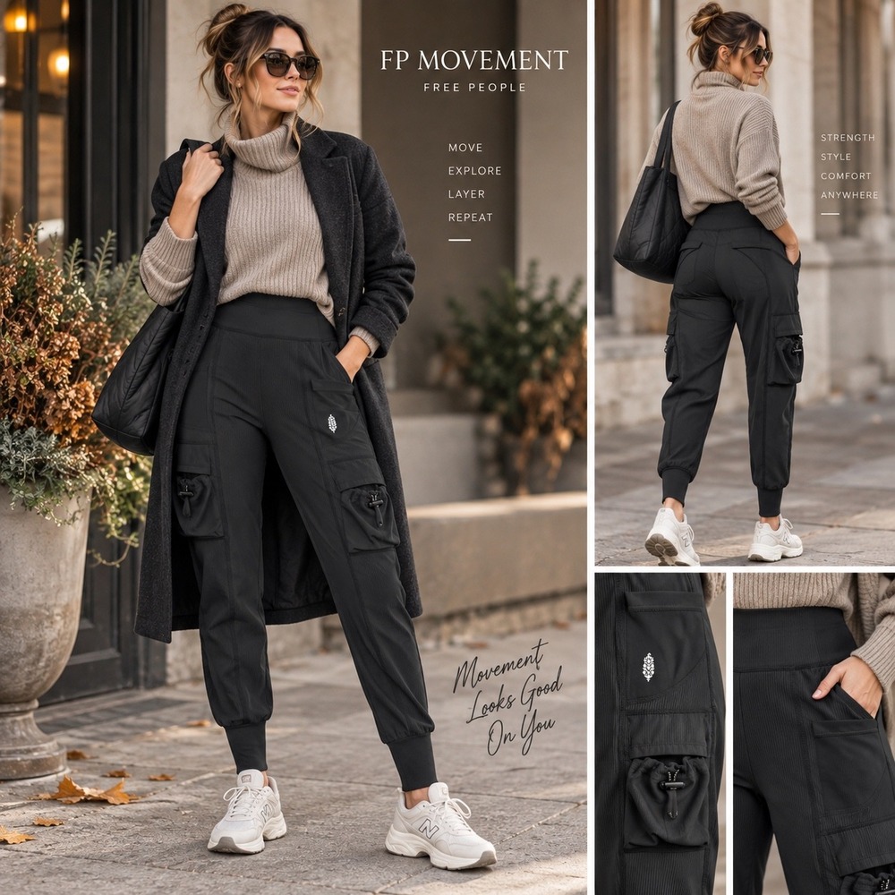 FP Movement Free People XS Black Cargo Leggings High Rise Utility Pocket Jogger